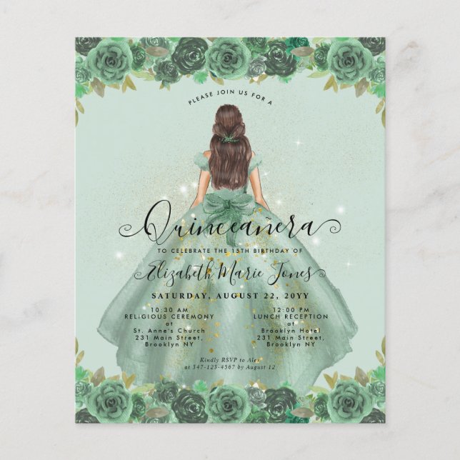 Flyer Sage Verde Dourada Princesa Floral Quinceanera (Frente)