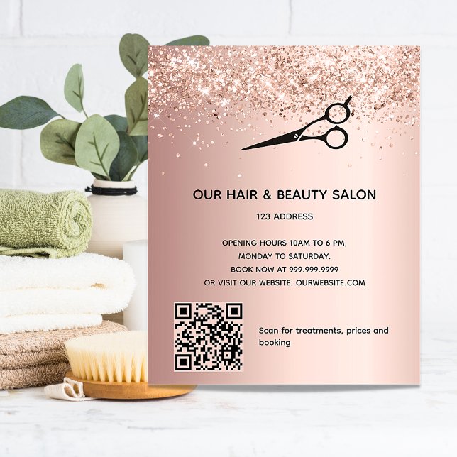 Flyer Salão de beleza de cabelo código QR de preço glitt (Criador carregado)