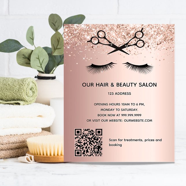 Flyer Salão de beleza de cabelo rosa dourado código QR g (Criador carregado)