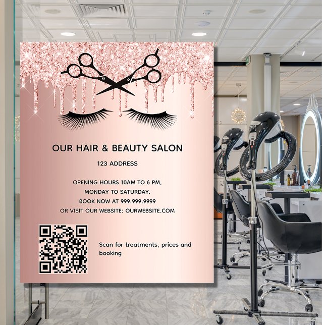 Flyer Salão de beleza de cabelo rosa dourado com código  (Criador carregado)