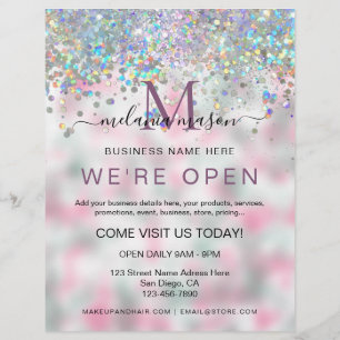 Flyer Salão Elegante Holográfico Estamos Abertos com Bri