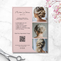 Flyer Salon Hair Stylist Services 3 Fotografias QR Rosa