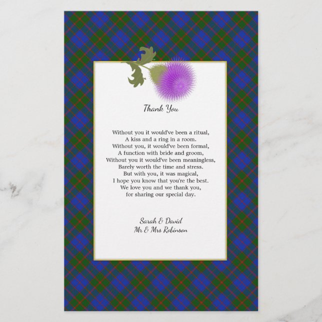 Flyer Scotch Clan Tartan Casamento Poema Obrigado Scroll (Frente)