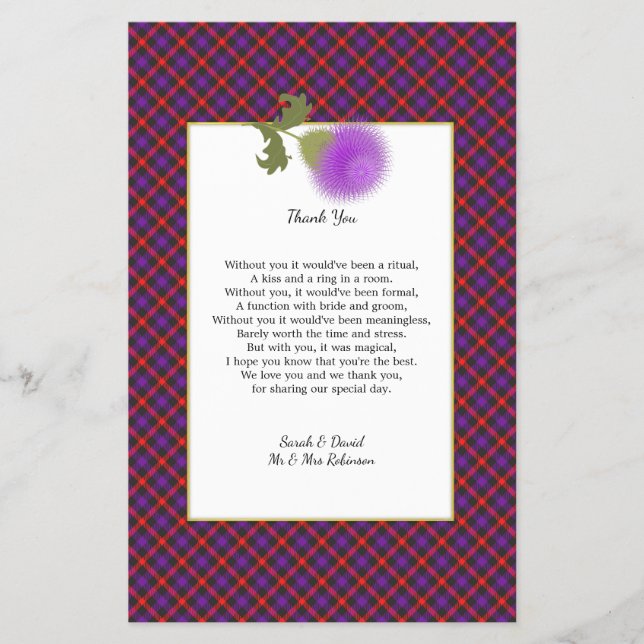 Flyer Scotch Clan Tartan Casamento Poema Obrigado Scroll (Frente)