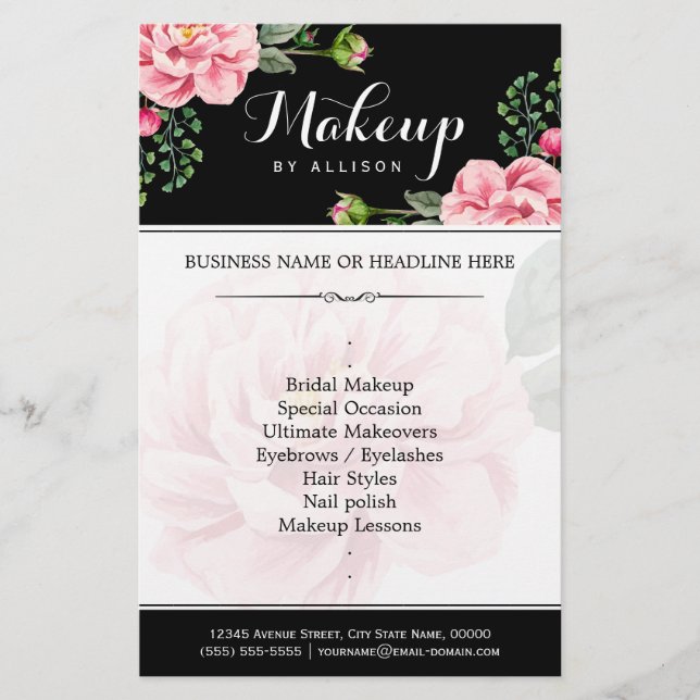 Flyer Script Floral Moderno de Makeup Preto (Frente)
