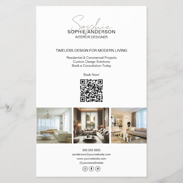 Flyer Script Moderno Foto QR Branco Negócios Profissiona (Frente)
