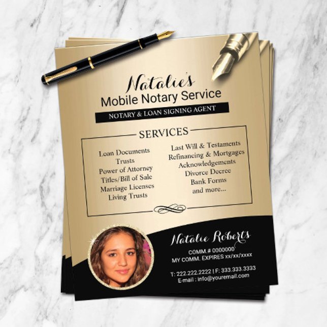 Flyer Serviço de Notário Móvel Foto Preto e Dourado (Criador carregado)