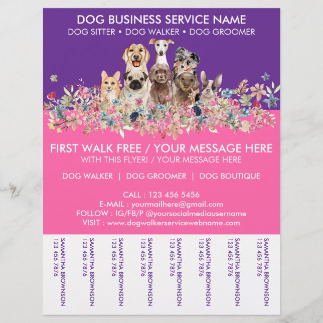 Flyer Serviço de passeio de cães de raças rosa néon roxo (Frente)