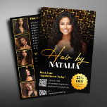 Flyer Serviço de Salão de Fotos de Cabelo Preto Dourado<br><div class="desc">Promova seu salão de cabelos com este elegante e moderno passageiro. Com um sofisticado design preto e ouro, é perfeito para atrair novos clientes. O folheto inclui espaço para seu logotipo, informações de contato e um código QR para fácil reserva. Faça uma declaração com um design profissional que destaque seus...</div>