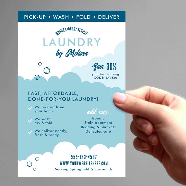 Flyer Serviço Moderno de Lavanderia Móvel Marketing de L (Trendy laundry service marketing flyer in blue and white with fully editable text & QR code)