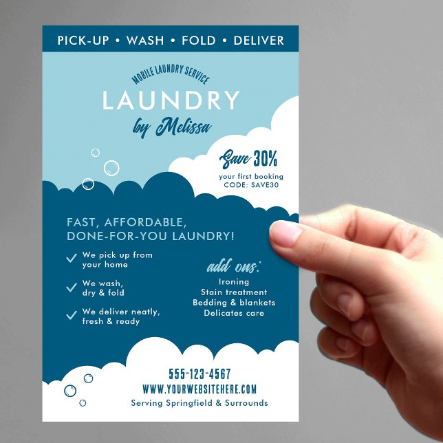 Flyer Serviço Moderno de Lavanderia Móvel Marketing de L (Modern laundry service marketing flyer in blue and white with fully editable text & QR code)