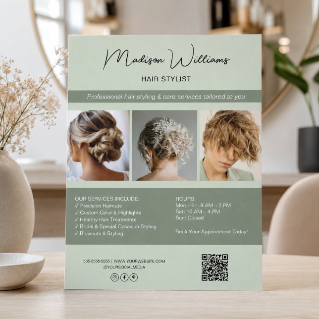 Flyer Serviços de Cabelereiro de Salão Moderno QR Sage V (Modern Salon Hair Stylist Services QR Sage Green Flyer)