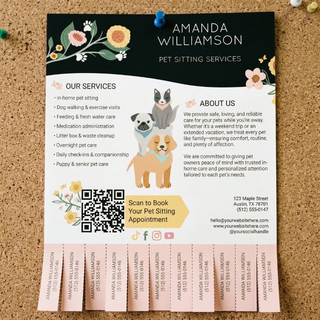 Flyer Serviços de Cuidados com Cães e Gatos Pet Sitting  (Pet Sitting Dog Cat Care Services Tear Off Tabs Flyer)