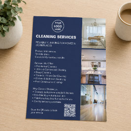 Flyer Serviços de Limpeza Azul Naval Taupe Logotipo Foto