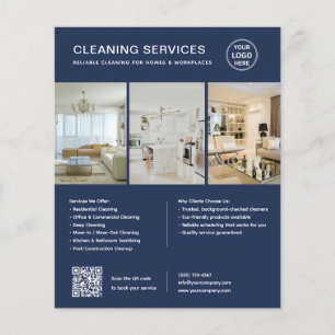 Flyer Serviços de Limpeza Azul Navy Moderno QR Empresa