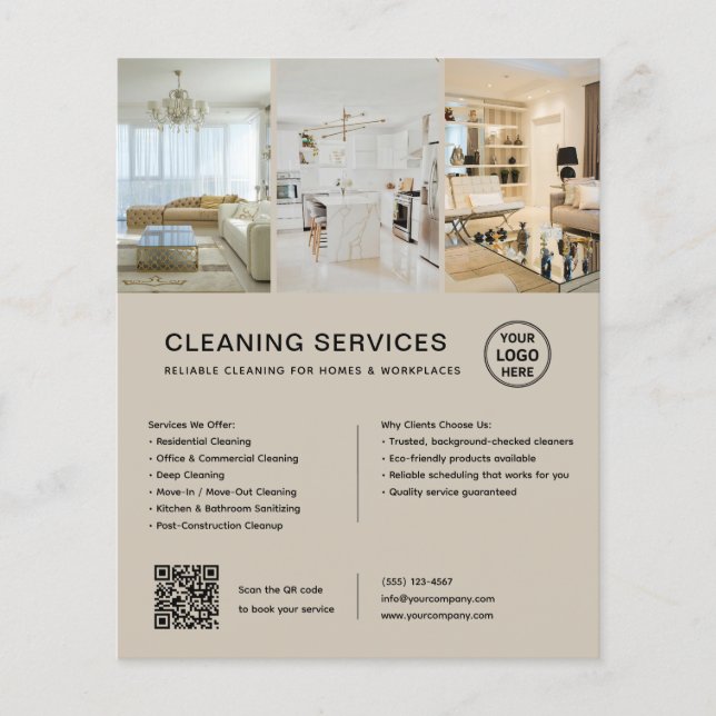 Flyer Serviços de Limpeza Bege Moderno QR Empresa (Frente)