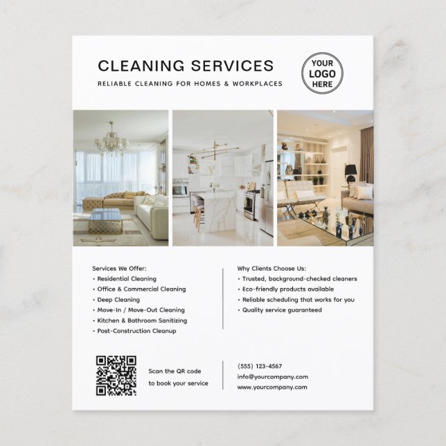 Flyer Serviços de Limpeza Branca Moderna QR Empresa (Frente)