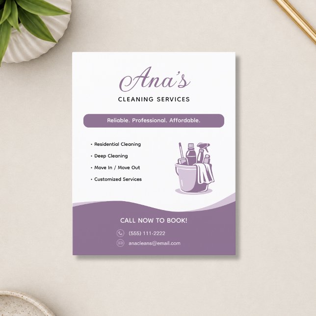 Flyer Serviços de Limpeza Casa Mauve Promocional  (Cleaning Services Housekeeping Mauve Promotional Flyer)