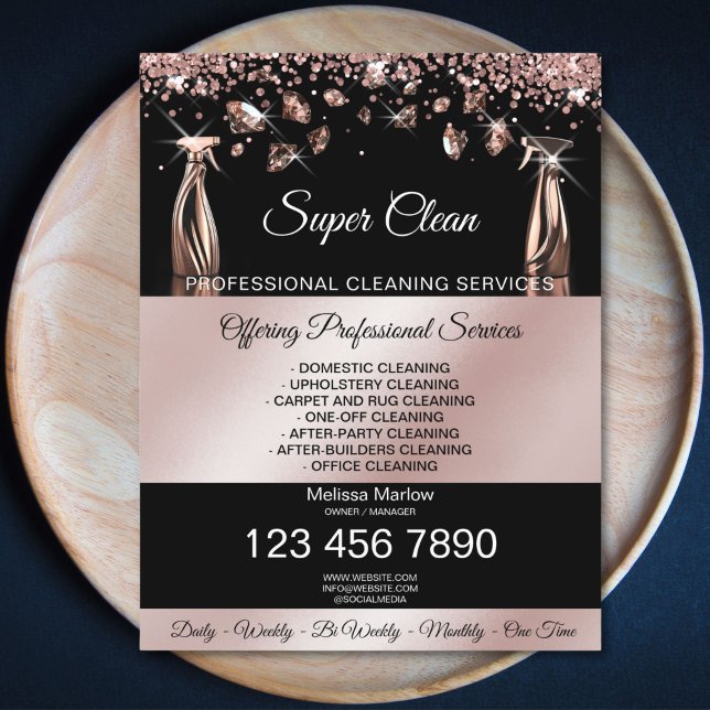 Flyer Serviços de Limpeza Casa Serviços de Empregada Dom (rose gold house cleaning spray bottles spraying diamonds)