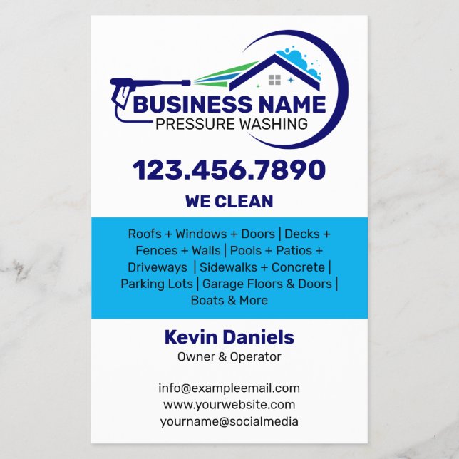 Flyer Serviços de Limpeza com Pressão Branco e Azul (Frente)