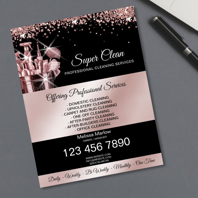 Flyer Serviços de Limpeza de Casa e Faxina (rose gold glitter bucket with house cleaning tools)