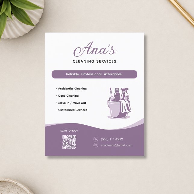 Flyer Serviços de Limpeza Faxina Código QR Mauve (Cleaning Services Housekeeping Mauve QR Code Flyer)