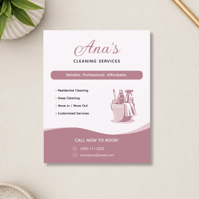 Flyer Serviços de Limpeza Faxina Rosa Promocional  (Cleaning Services Housekeeping Rose Promotional Flyer)