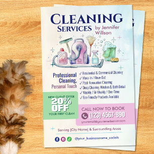 Flyer Serviços de Limpeza - Ilustração de Cores d'água