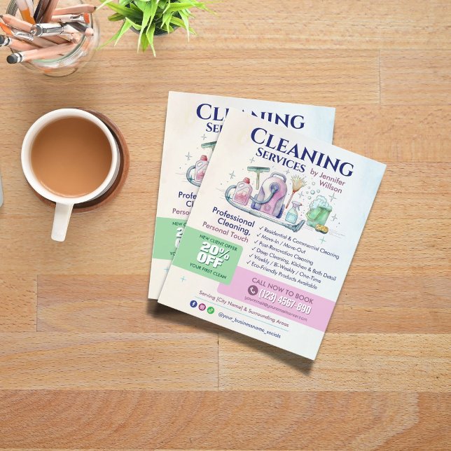 Flyer Serviços de Limpeza - Ilustração em Aquarela (Criador carregado)