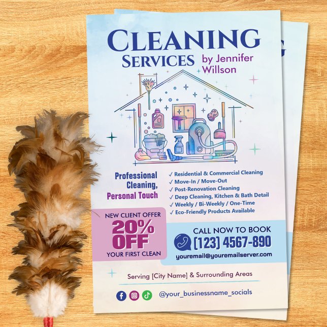 Flyer Serviços de Limpeza - Ilustração em Aquarela (Criador carregado)