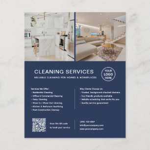 Flyer Serviços de Limpeza Minimalista Azul Naval QR Empr