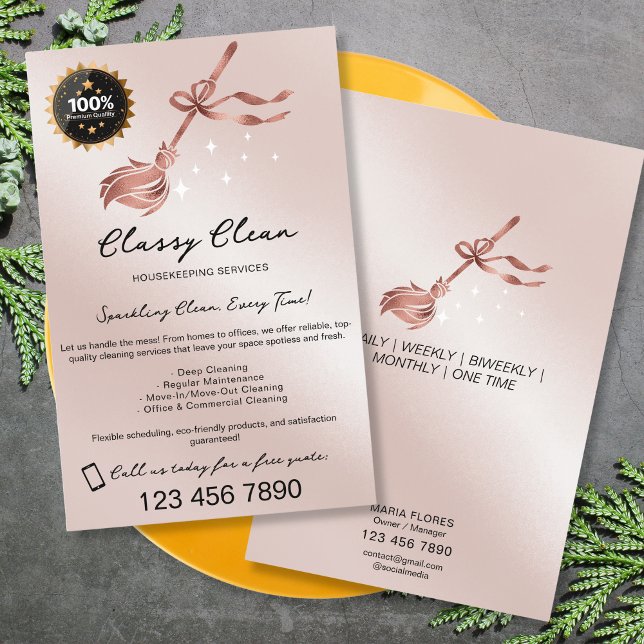 Flyer Serviços de Limpeza Modernos Dourado Rosa (rose gold broom with a bow cleaning services flyer)
