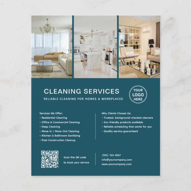 Flyer Serviços de Limpeza Modernos Teal QR Empresarial (Frente)