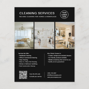 Flyer Serviços de Limpeza Preto Moderno QR Empresa