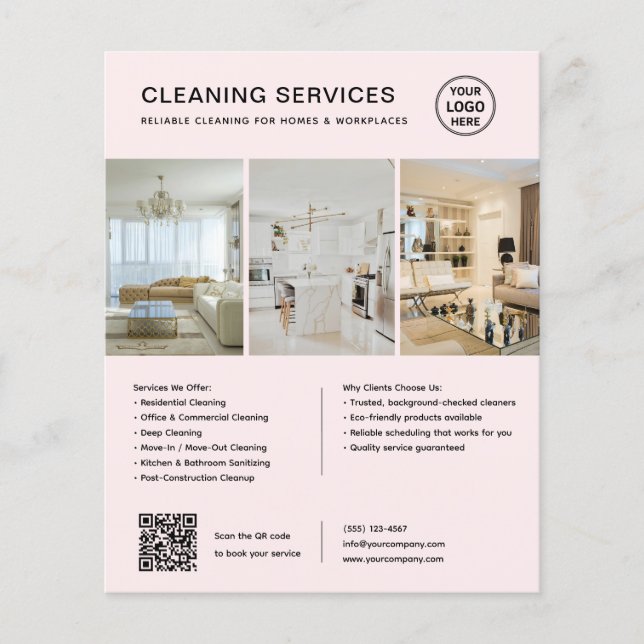 Flyer Serviços de Limpeza Rosa Moderno QR Empresa (Frente)