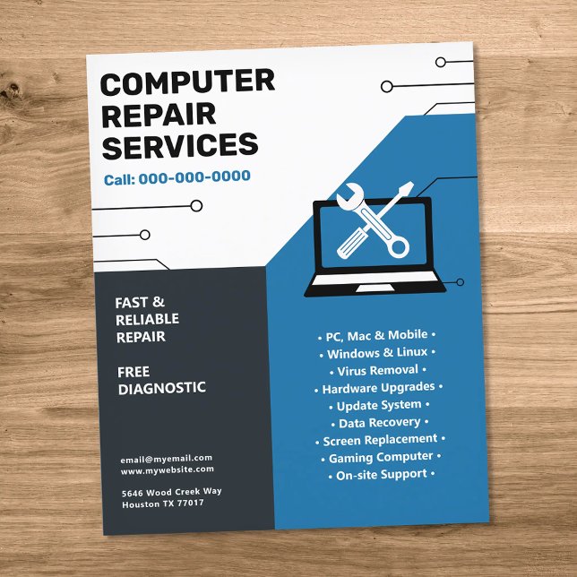 Flyer Serviços de Reparos de Computador Blue (Computer Repair Services Blue Flyer)