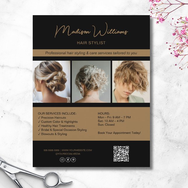 Flyer Serviços de Stylist de Cabelo de Salão Moderno QR  (Modern Salon Hair Stylist Services QR Black Gold Flyer)
