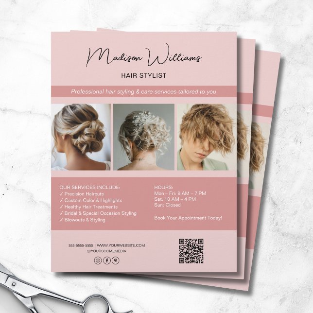 Flyer Serviços de Stylist de Cabelo Salon Moderno QR Fly (Modern Salon Hair Stylist Services QR Pink Flyer)