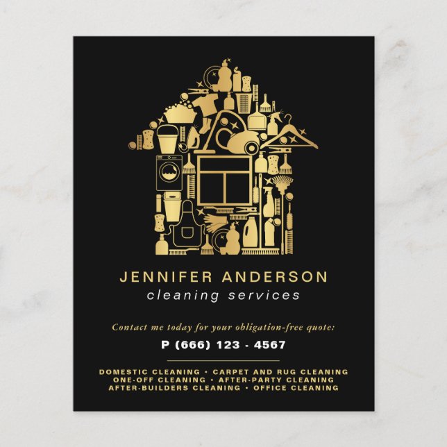 Flyer Serviços Modernos De Limpeza Dourada E Negra (Frente)