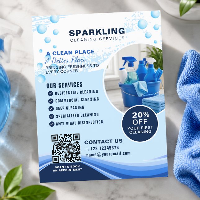 Flyer Serviços Modernos de Limpeza Profissional Azul e B (Criador carregado)
