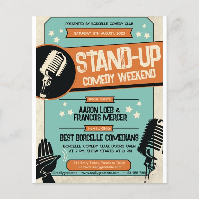 Flyer Show de Comédia Stand Up Retro Vintage Grunge (Frente)