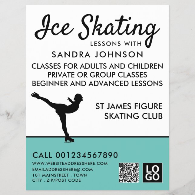 Flyer Silhueta Ice Skater, Anúncio De Lição De Ice (Frente)