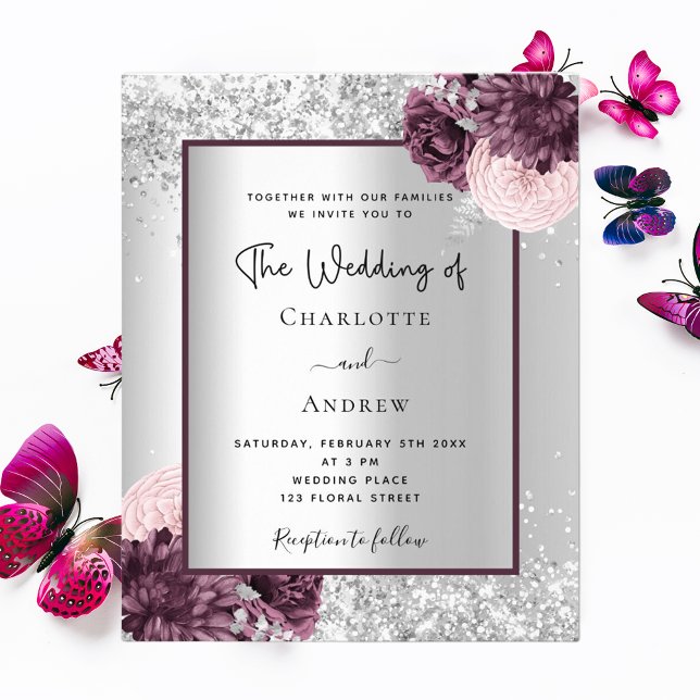 Flyer Silver Burgundy, convite para casamento do orçamen (Criador carregado)