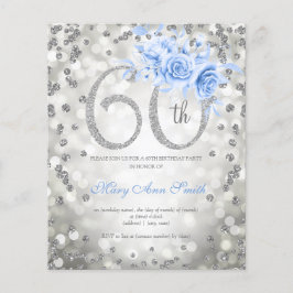 Flyer Silver Floral 60ª Luzes de Aniversário Convite Azu