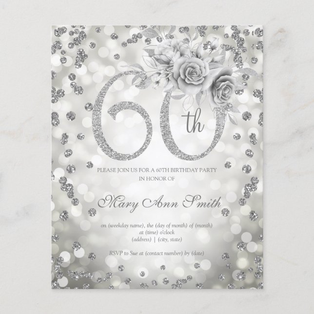 Flyer Silver Floral 60º Convite à Luz de Aniversário (Frente)