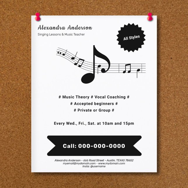 Flyer Simple, Black & White Music Teacher (Black & White Music Teacher Flyer)