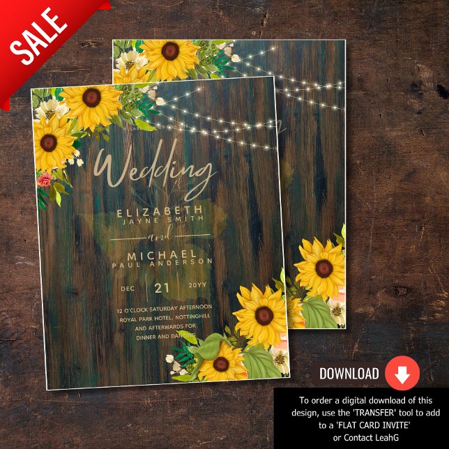 Flyer Summer Sunflowers Rustic Wood Wedding Invite (Criador carregado)