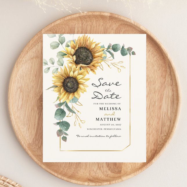 Flyer Sunflower Eucalyptus Floral Salvar Data (Watercolor Sunflower Script Wedding Save the Date Announcement)