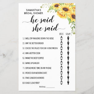 Flyer Sunflowers He Said She Said Shower Game Card