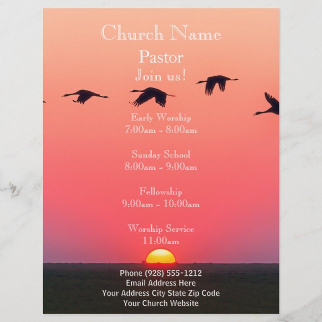 Flyer Sunset Birds Church Flyer, Junte-se aos Serviços (Frente)
